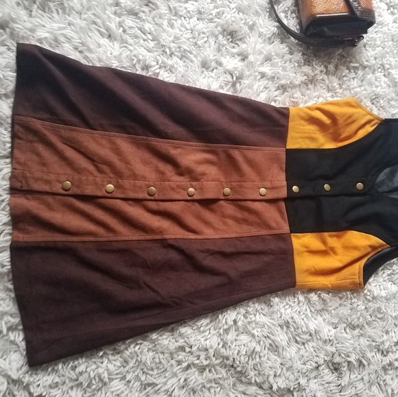 Color block, faux suede, 70's sytle mini/midi dress - Picture 6 of 7